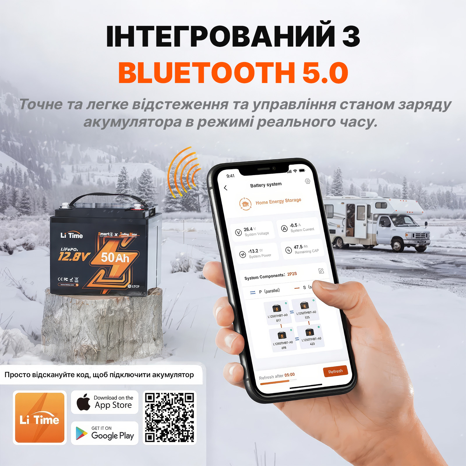 ⚡LiTime 12В 50Аг TM Bluetooth (Літієвий акумулятор LiFePO4 глибокого циклу із захистом від холоду для електричних човнових моторів) - Зображення 2