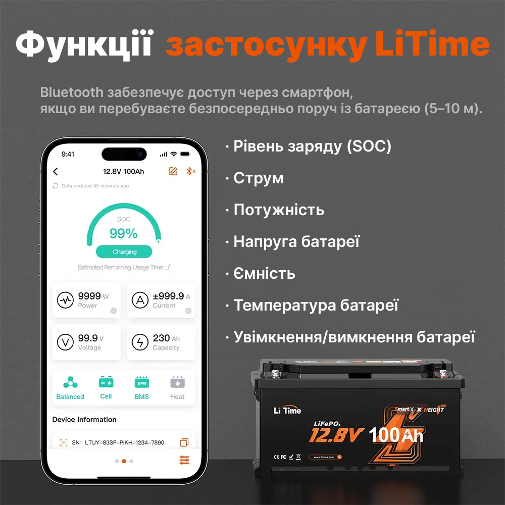 ⚡LiTime 12В 100Аг H190 Deep Cycle (Літієвий акумулятор з Bluetooth) - Зображення 4