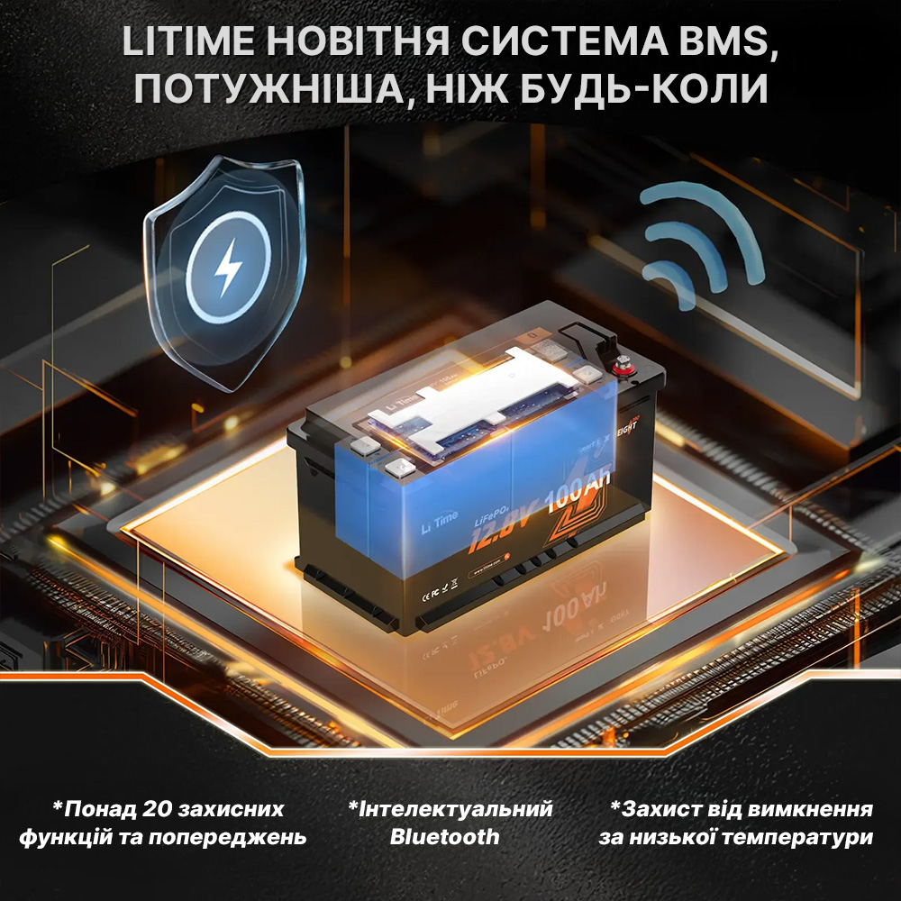 ⚡LiTime 12В 100Аг H190 Deep Cycle (Літієвий акумулятор з Bluetooth) - Зображення 6